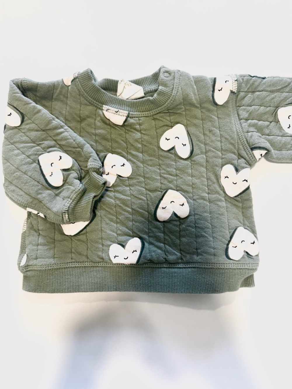 H&M Olive Green Quilted Sweater with White Heart Faces